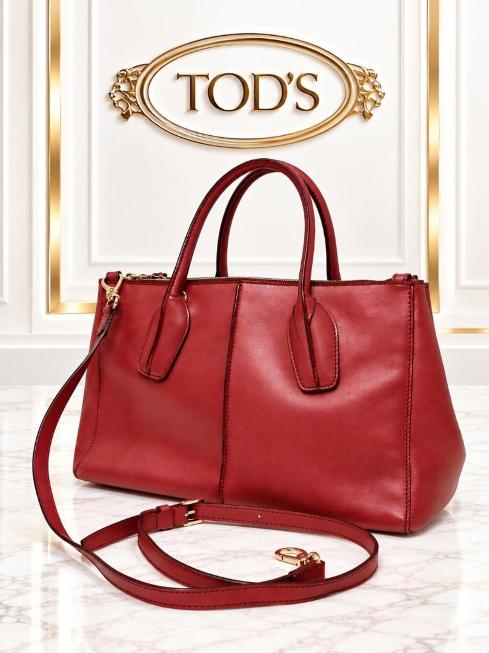Authentic Tod’s Red Leather Tote Satchel Crossbody Bag Top Handle Gold Hardware